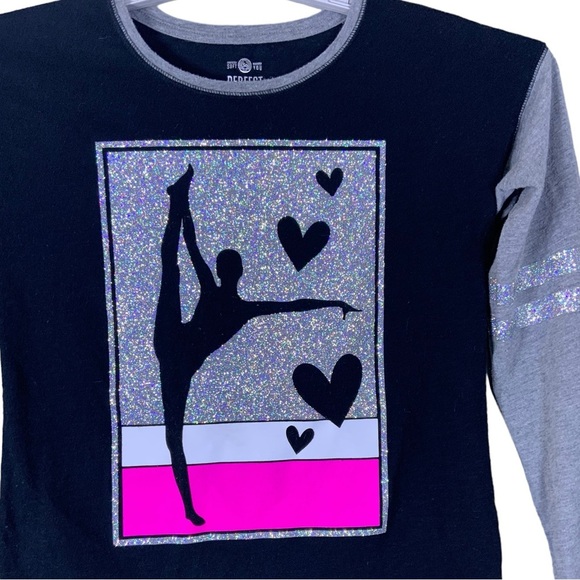 Dance Tee Shirt Long Sleeve Round Neck Glittery Ballerina Black Pink Girls 14 - Picture 7 of 15